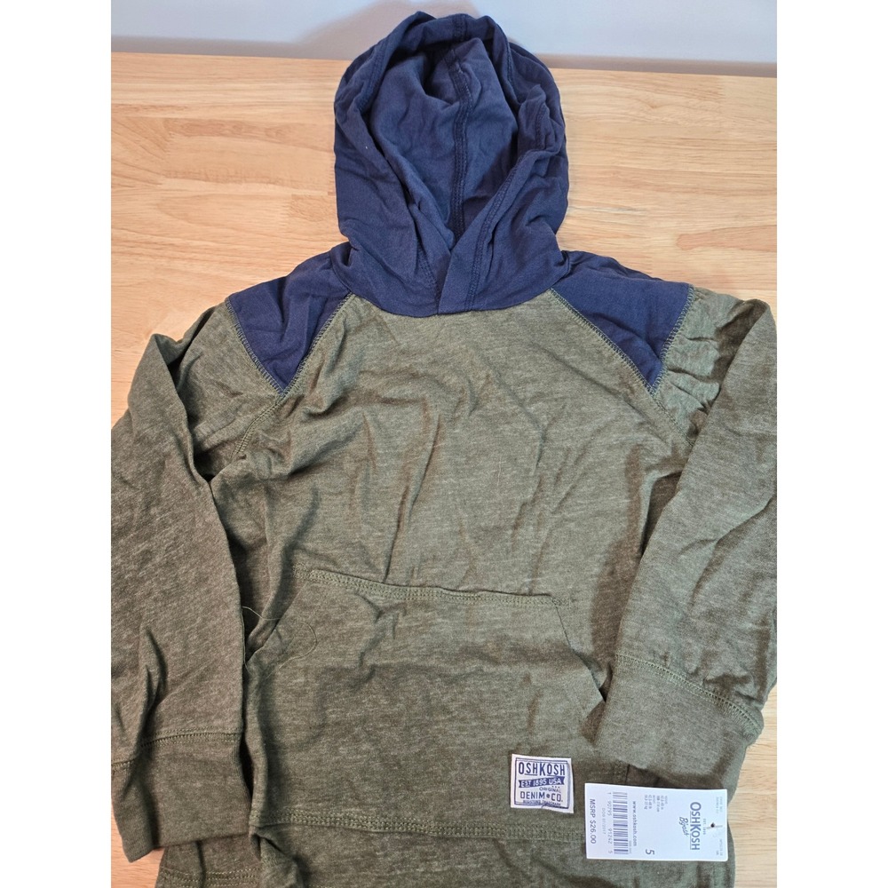OshKosh Bgosh Boys Size 5 Navy Green Colorblock Hooded Long Sleeve T-Shirt NWT